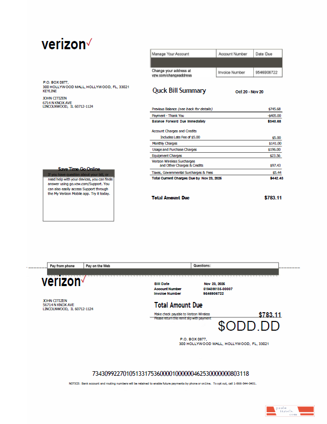 USA Verizon utility bill template in Word and PDF formats, version 2